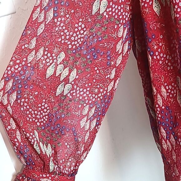 LOFT Red Sheer Blouse, Blue & White Print, Ruffled Collar & Cuffs, Size XL - Picture 7 of 13